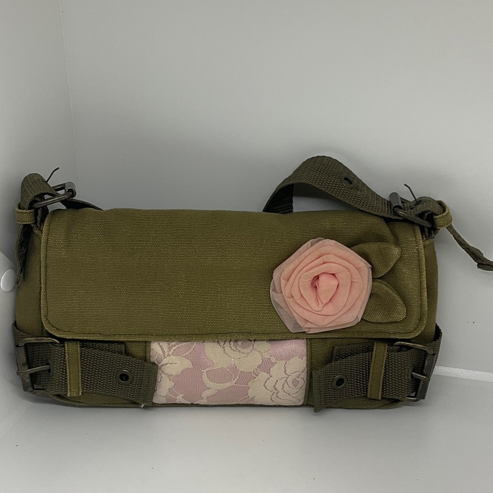 Green Canvas Messenger Bag with Pink Floral Accent
